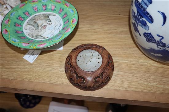 An 18th century Chinese blue and white jar and cover, the cover with inlaid jade plaque overall height 24cm